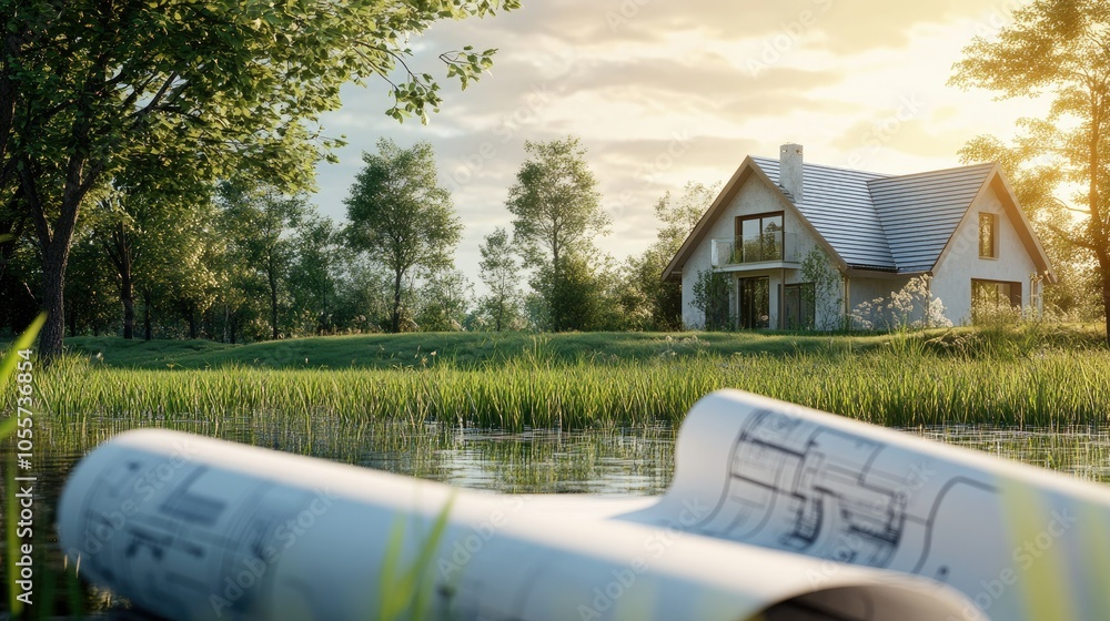 Poster conceptual image of a house project on a meadow, with architectural blueprints and the idea of build