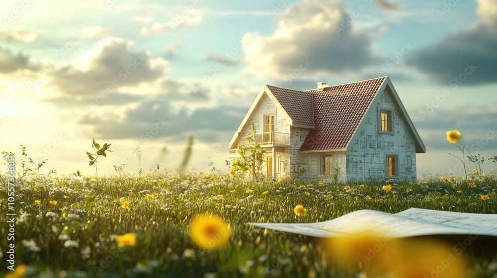 Poster conceptual image of a house project on a meadow, with architectural blueprints and the idea of build