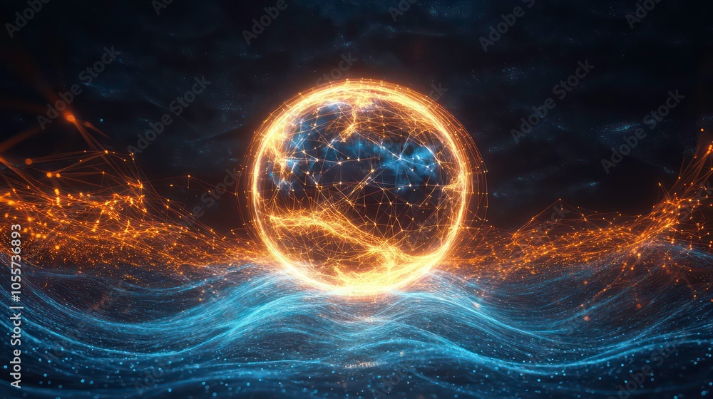 Poster a glowing globe surrounded by flowing waves, symbolizing connectivity and technology.