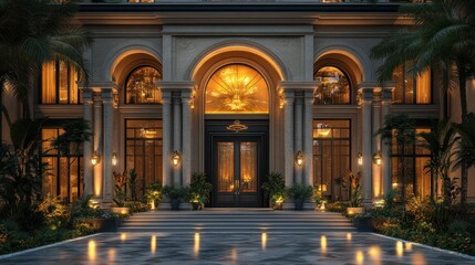 Elegant entrance of a luxurious building with warm lighting.