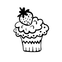 A pastry outline illustration, a sweet food hand-drawn icon,  a cake doodle in black and white