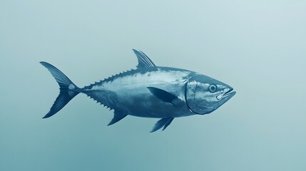 Naklejka premium Hyperrealistic bluefin tuna illustration on light blue background, showcasing detailed scales, fins, and metallic silver sheen in professional studio lighting conditions.