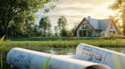 Conceptual image of a house project on a meadow, with architectural blueprints and the idea of building in harmony with the environment.