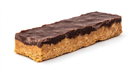 Close-up of a peanut butter protein bar with chocolate layer, revealing indulgent textures, isolated on white