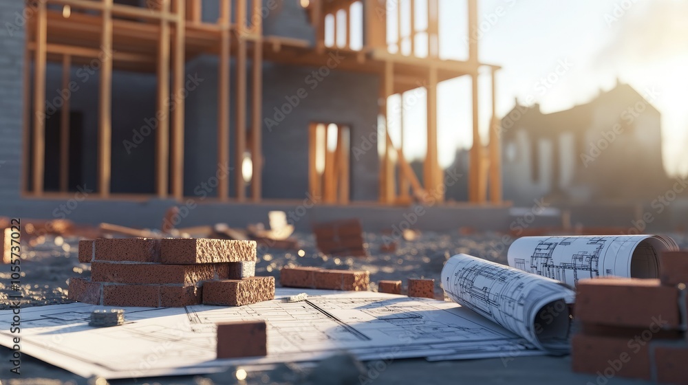 Poster construction site with bricks, blueprints, and a house frame, showing the structured approach to bui