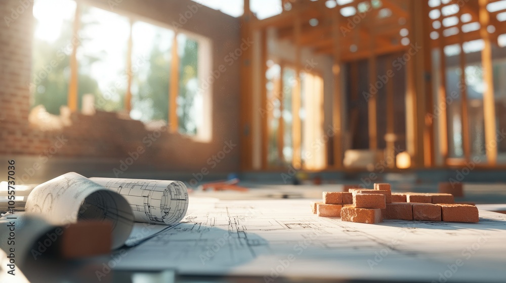 Poster construction site with bricks, blueprints, and a house frame, showing the structured approach to bui