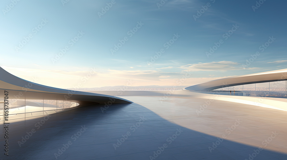 Aufkleber Abstract architecture scene with smooth curves. Abstract background with futuristic building in white and blue colors.