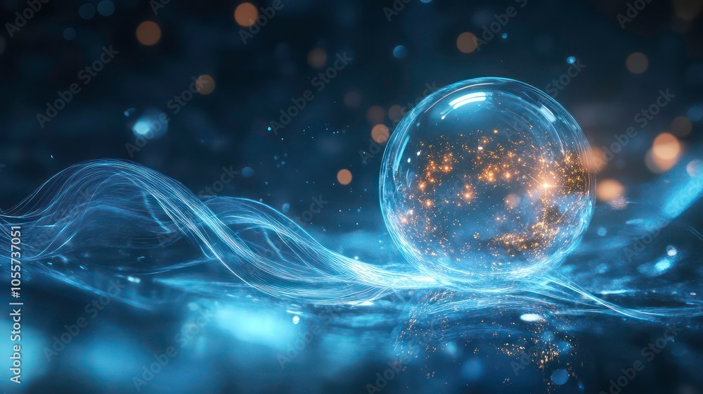 Aufkleber a glowing orb surrounded by ethereal waves and sparkling particles in a dark environment.
