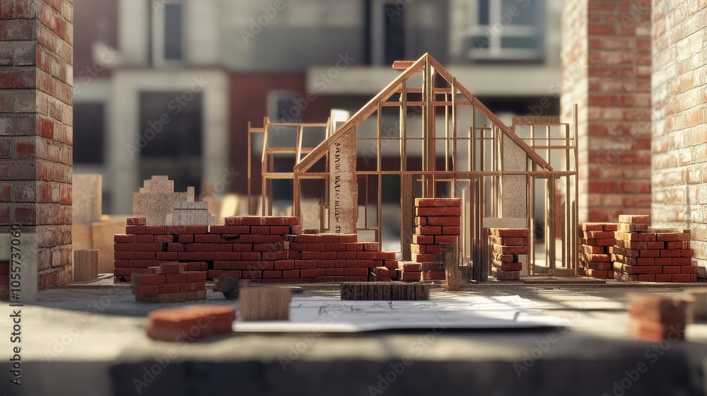 Poster construction site with bricks, blueprints, and a house frame, showing the structured approach to bui