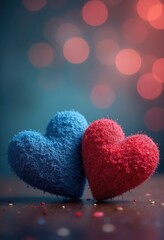 Fototapeta premium Two textured hearts, one blue and one red, set against a vibrant bokeh background