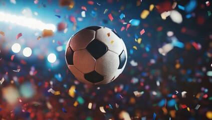 Fototapeta premium Soccer Ball Flying in the Air with Stadium Lights and Confetti, High-Quality Football Match Illustration