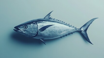 Obraz premium Hyperrealistic bluefin tuna illustration on light blue background, showcasing detailed scales, fins, and metallic silver sheen in professional studio lighting conditions.