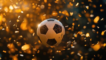 Fototapeta premium Soccer Ball Flying in the Air with Stadium Lights and Confetti, High-Quality Football Match Illustration