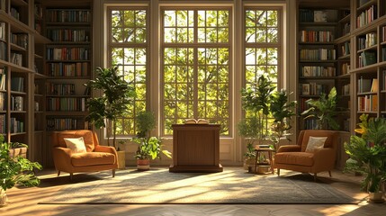 Fototapeta premium Cozy Reading Podium in a Serene Library Setting