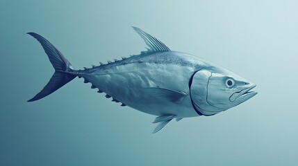 Fototapeta premium Hyperrealistic bluefin tuna illustration on light blue background, showcasing detailed scales, fins, and metallic silver sheen in professional studio lighting conditions.