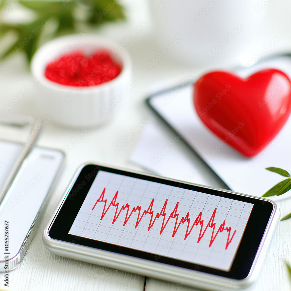 Poster smartphone displaying red electrocardiogram heartbeat line with heart-shaped object and decorative e