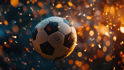Fototapeta premium Soccer Ball Flying in the Air with Stadium Lights and Confetti, High-Quality Football Match Illustration