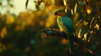 A Green and Yellow Parrot Perched on a Branch in the Sunlight