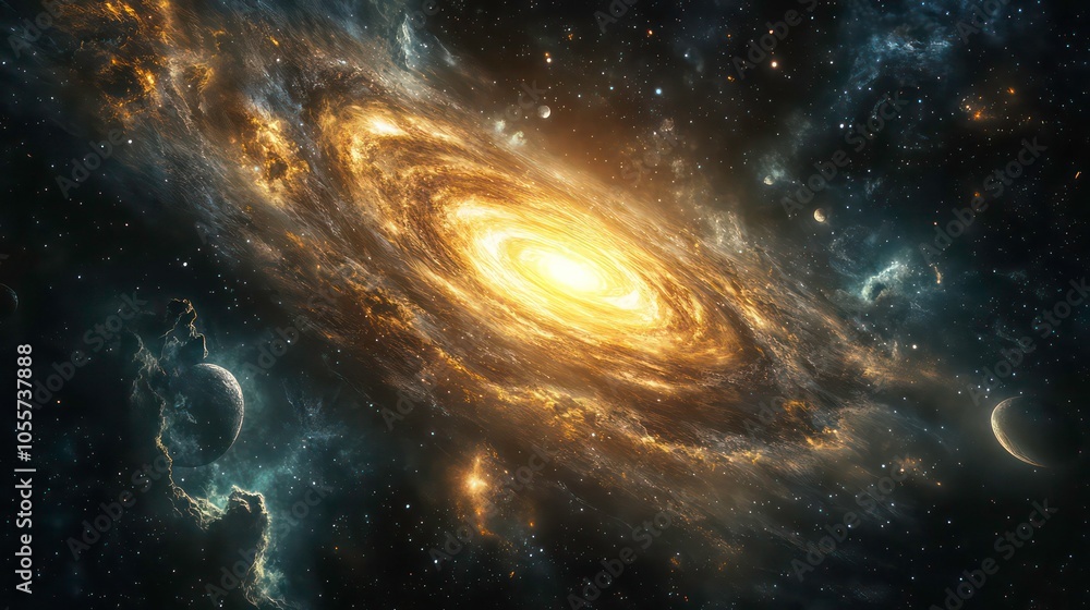 Poster a mesmerizing galaxy with swirling stars and planets, showcasing the beauty of the universe.