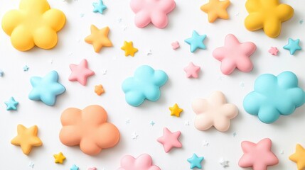 Playful icons of clouds and stars in vibrant pastels on a clean white background bring a cheerful vibe with open space for text
