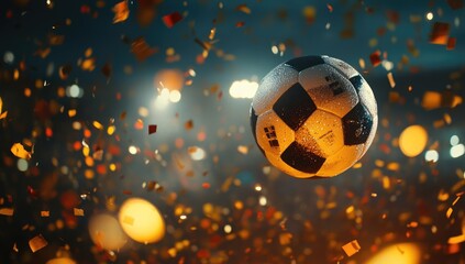 Fototapeta premium Soccer Ball Flying in the Air with Stadium Lights and Confetti, High-Quality Football Match Illustration