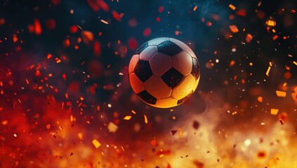 Fototapeta premium Soccer Ball Flying in the Air with Stadium Lights and Confetti, High-Quality Football Match Illustration