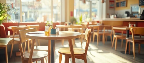 Fototapeta premium Empty wooden tables and chairs in a sunny cafe with windows in the background.