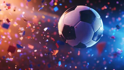 Naklejka premium Soccer Ball Flying in the Air with Stadium Lights and Confetti, High-Quality Football Match Illustration