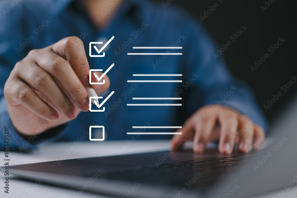 Poster businessman tick correct sign mark for document approve , project acceptance and quality assurance c