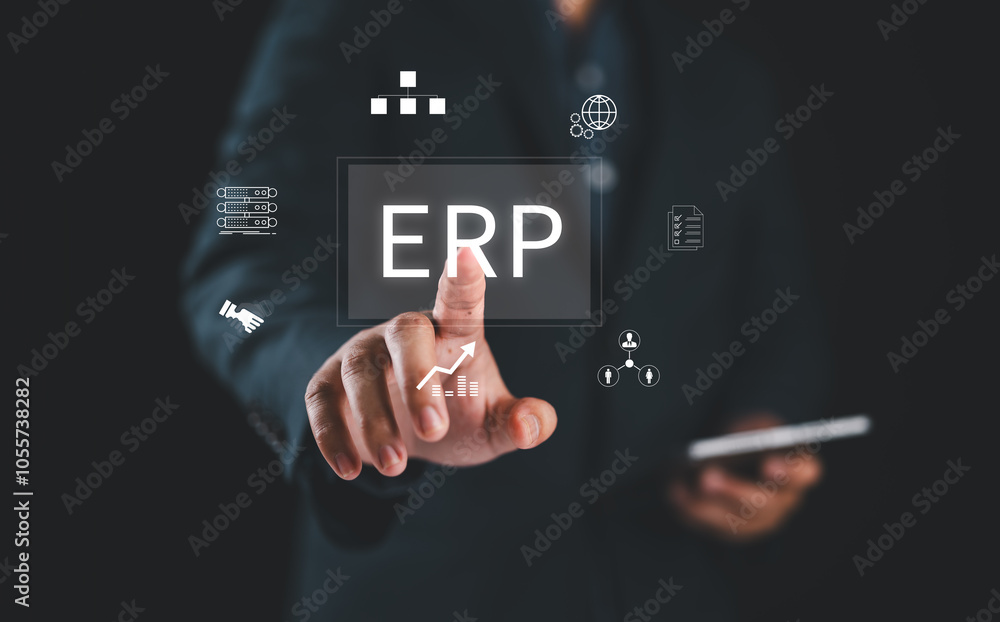 Poster enterprise resource planning (erp), business resource planning software system. on a virtual screen,