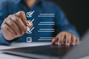 Businessman tick correct sign mark for document approve , project acceptance and quality assurance...