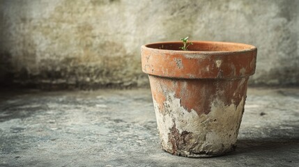 Naklejka premium Small plant is growing in a cracked, old pot