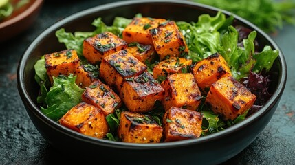 A vibrant bowl of roasted pumpkin cubes on a bed of fresh greens.