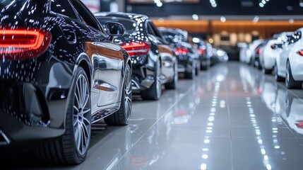 Obraz premium new cars parking, new cars in the showroom, waiting for sales