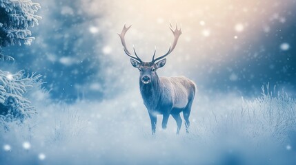 Noble deer in winter snow forest