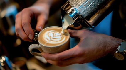 A Barista Pouring Milk Into a Cup of Coffee With Latte Art