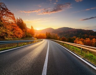 highway landscape in autumn. road view in the forest. autumn colors in nature landscape.