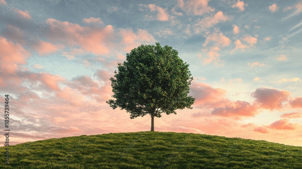 Poster tree is standing on a hill with a beautiful sunset in the background