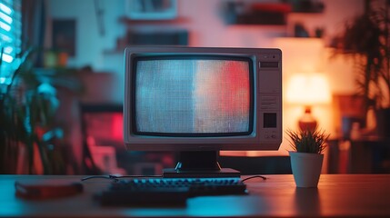 Old CRT monitor with visible reflections and pixelated display on a modern desk setup evoking a blend of eras