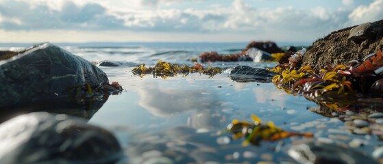 A tranquil tide pool framed by seaweed and rocks under a partly cloudy sky, offering a moment of peace and introspection by the ocean.