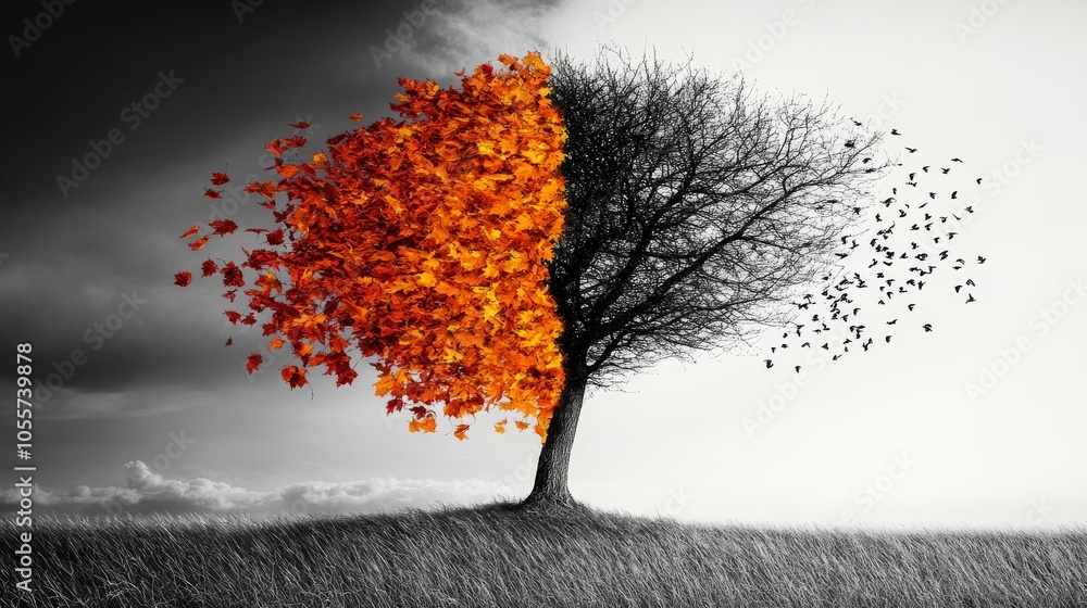 Poster tree with leaves falling on one side and no leaves on the other