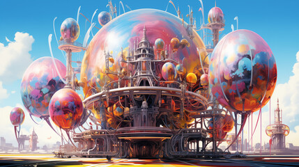 Vibrant carnival scene in a giant transparent sphere, festive atmosphere, colorful rides  a lively backdrop