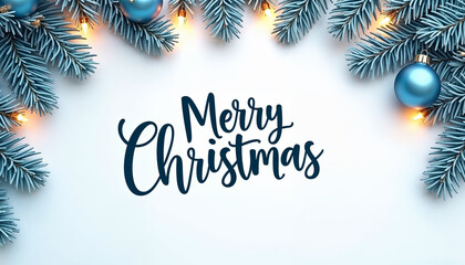 Christmas greeting card with branches and baubles. Xmas frame with Merry Christmas lettering