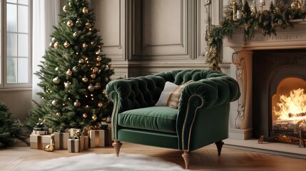 A cozy holiday scene featuring a green armchair, a Christmas tree, and a fireplace.