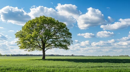 Large tree stands in a field of green grass