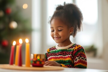 Fototapeta premium Child admiring Kwanzaa candles with joy and wonder