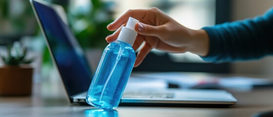 Employee using sanitizer on desk in vibrant office space, laptops and stationery visible, showcasing hygienic practices during working hours promoting cleanliness and well-being