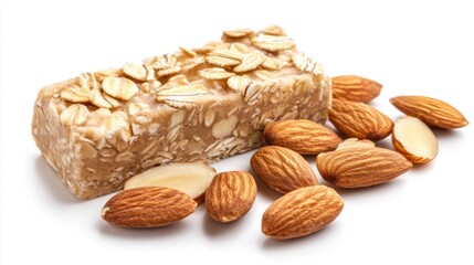 Protein bar with oat and almond topping, crunchy texture highlighted, perfect for health-conscious consumers, isolated on white