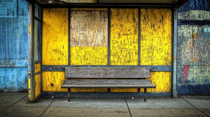 Bench sits in front of a yellow wall with graffiti on it