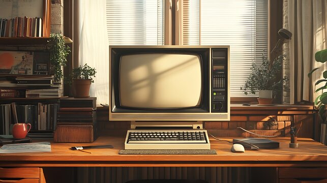 Old CRT monitor with visible reflections and pixelated display on a modern desk setup evoking a blend of eras